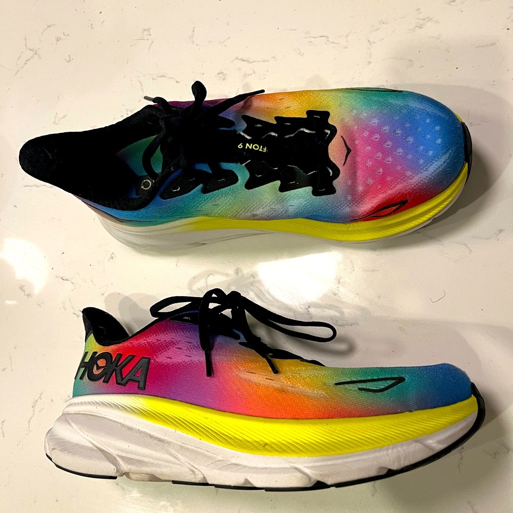 Hoka Clifton 9 Women’s Size 9 Black and Rainbow Running Shoes